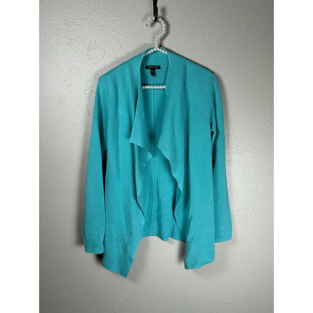 Eileen Fisher Size PP Petite XS Cardigan Teal Knit Sweater Waterfall TINY FLAW - Picture 1 of 12